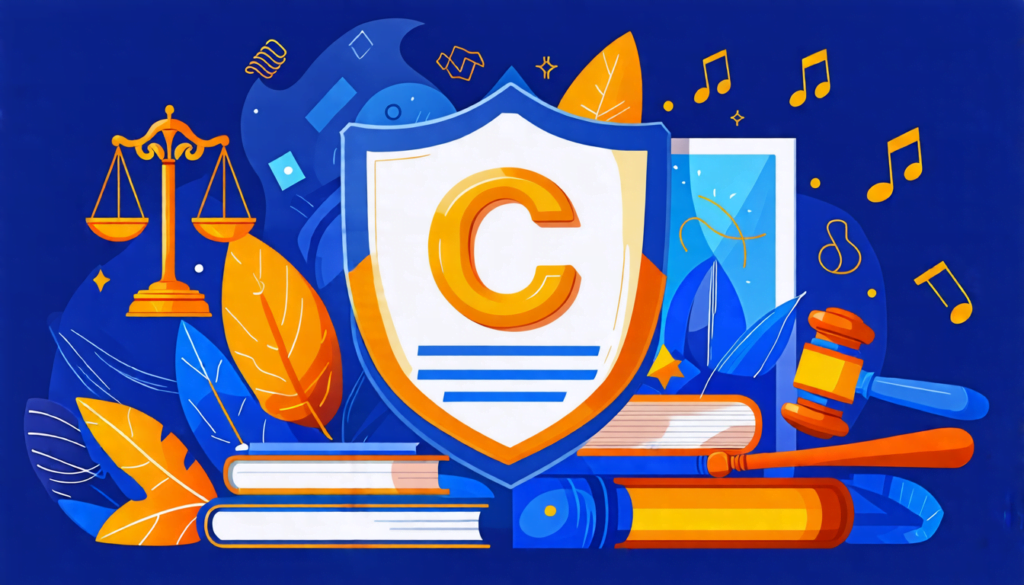 A digital art illustration depicting a shield-shaped document with a copyright symbol prominently displayed. The shield is surrounded by various creative w