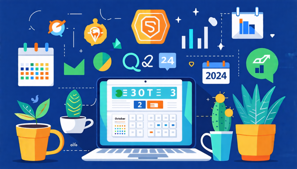 An infographic-style image illustrating the top 10 companies for remote work in Q3 2024. The design features a modern home office setup with a laptop, coffee cup, and plants, alongside icons represent