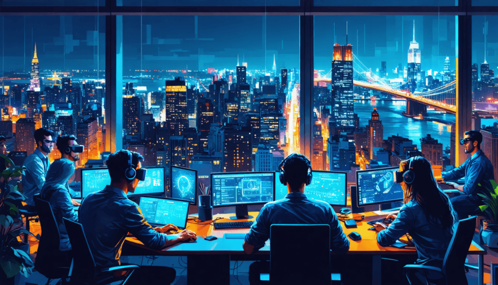 Create an artistic representation of New York City as a bustling hub of software development, featuring a diverse group of software engineers collaborating in a modern high-rise office, surrounded by
