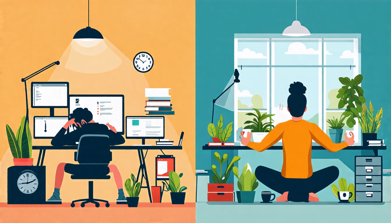 A split-screen image: On one side, a stressed freelancer slumped over a cluttered desk with multiple screens, coffee cups, and a ticking clock. On the othe