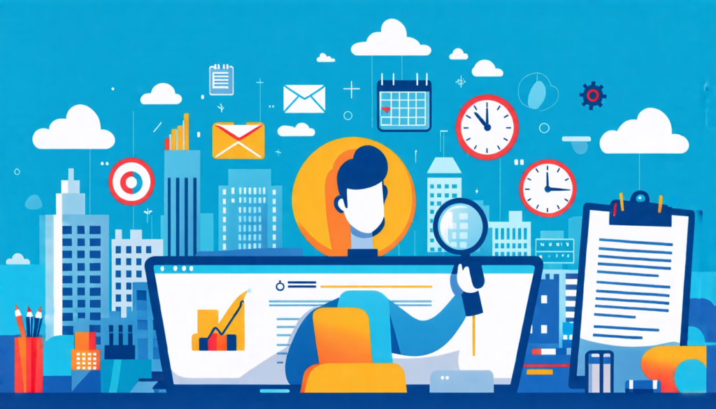 A stylized illustration of a person sitting at a desk with a laptop, surrounded by floating icons representing various freelance professions (e.g., writing