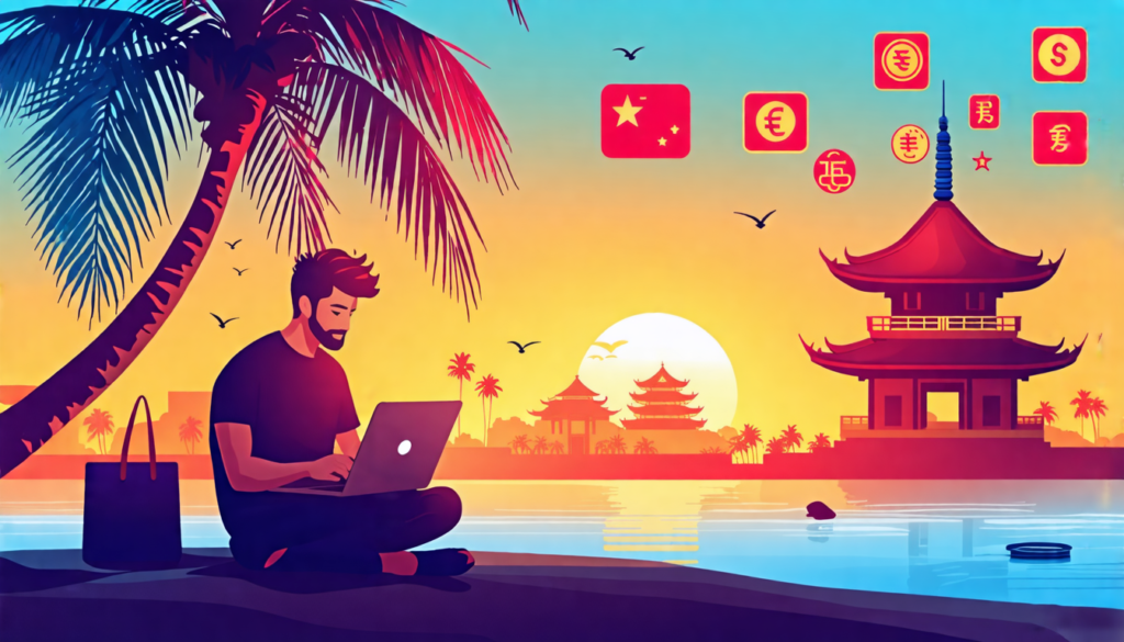 A digital nomad sitting on a beach with a laptop, working beneath a palm tree. In the background, Asian-inspired architecture like pagodas and temples are