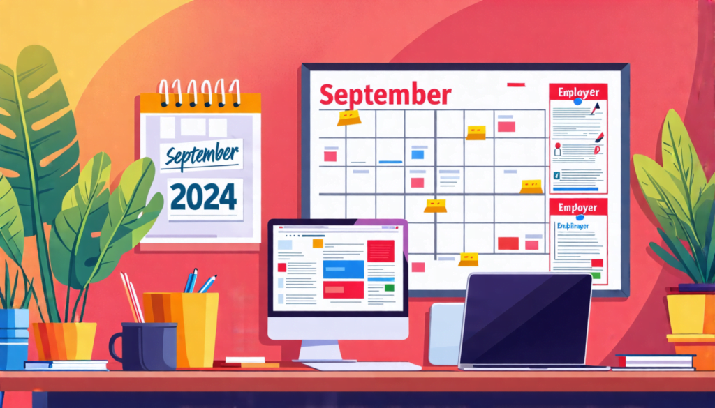 An inviting home office setup featuring a modern desk with a laptop, coffee mug, and cozy decor, symbolizing remote work opportunities. In the background, a large calendar displaying 'September 2024'