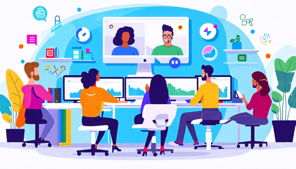 Create an illustration of a diverse group of professionals engaged in remote work, each in their unique home office settings. Include subtle elements that suggest a collaboration with various employer