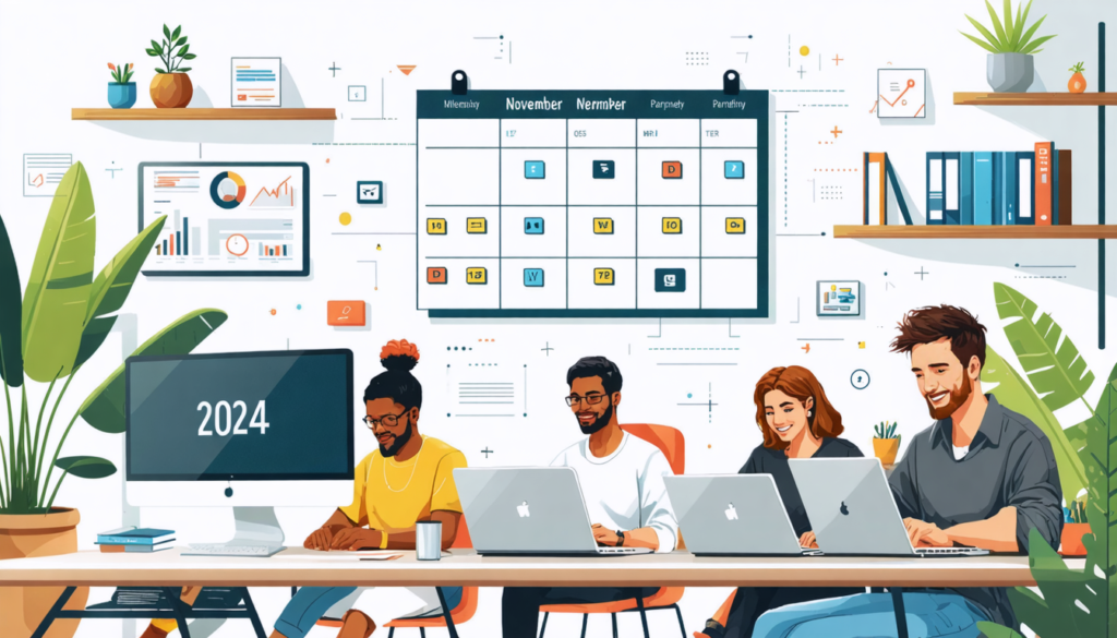 An illustration of a modern home office setting, showcasing a diverse group of professionals working remotely on laptops. The scene includes elements representing various job sectors such as technolog