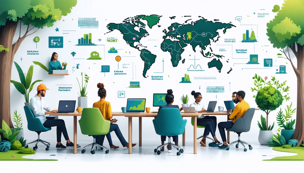 Create an illustration depicting a diverse group of professionals working remotely from various locations like a home office, a coffee shop, and a park. Include laptops, coffee cups, and a world map o