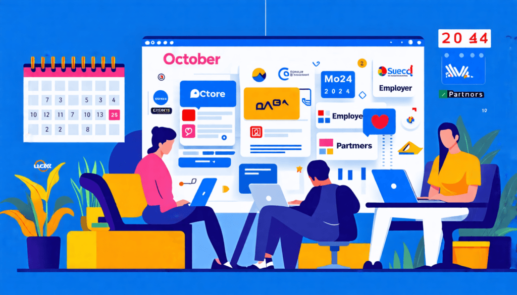 An inviting home office setup featuring a diverse group of professionals engaged in remote work, with screens displaying job opportunities and collaboration tools. The background shows a calendar mark