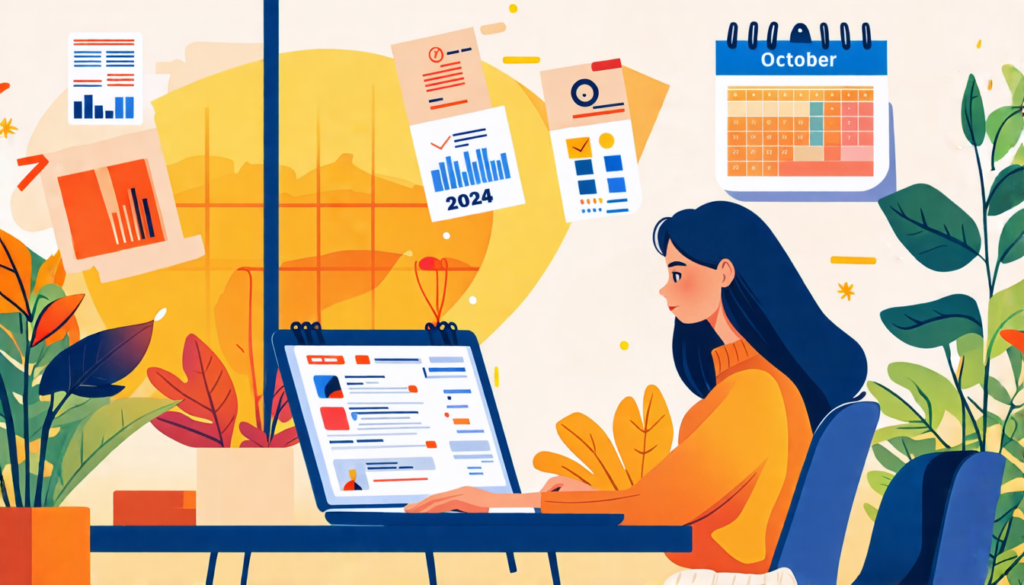 An illustration of a young professional working remotely from a cozy home office, with a laptop open displaying various job listing tabs. The background features plants and a window showcasing a brigh