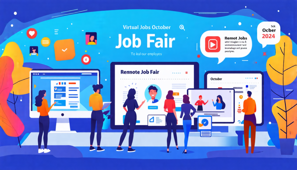 Create an image showcasing a modern virtual job fair scene, featuring diverse remote job seekers engaging with employers through virtual booths on laptops and tablets. Highlight elements like job list