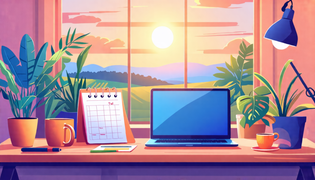 An inviting home office setup featuring a laptop on a stylish desk, surrounded by plants and a warm cup of coffee. In the background, a window with a view of a sunny landscape. Visual elements that re