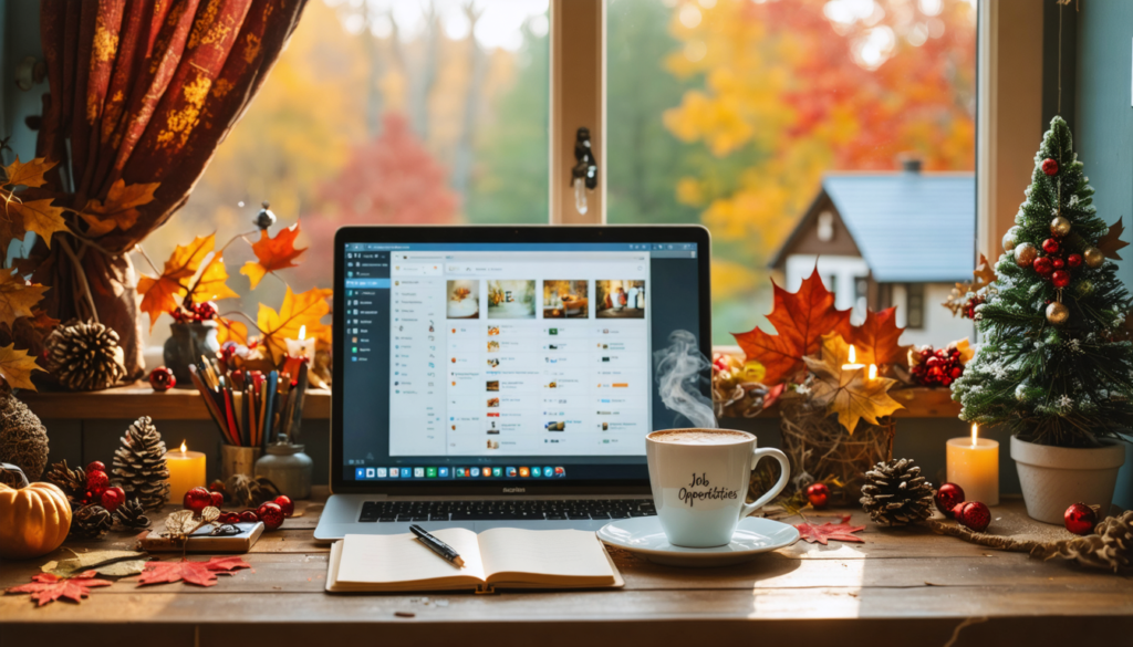 “An inviting home office setup with a cozy atmosphere, filled with seasonal decorations representing different holidays (like autumn leaves and winter snowflakes). A laptop is open on a desk showing j