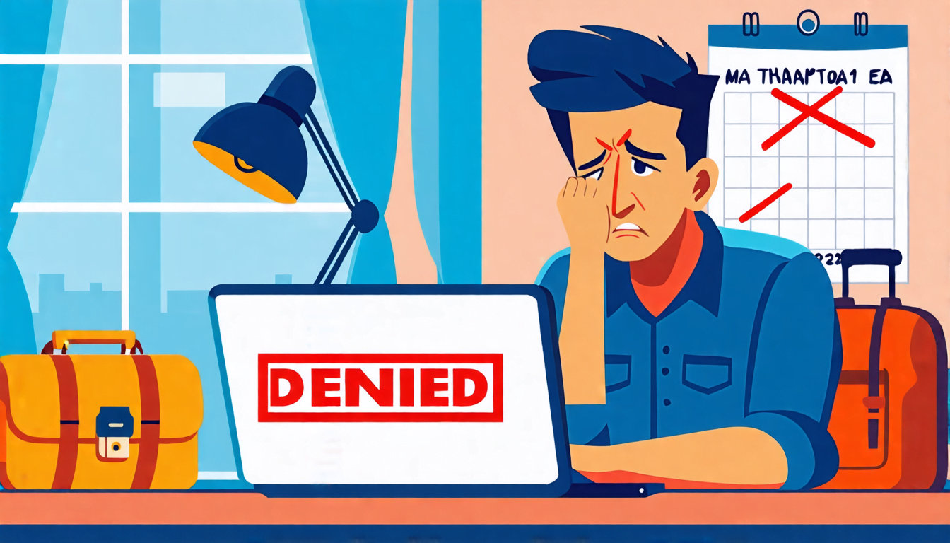 A frustrated professional sitting at a home office desk, looking at a laptop screen displaying a red DENIED stamp on a visa application. In the background,
