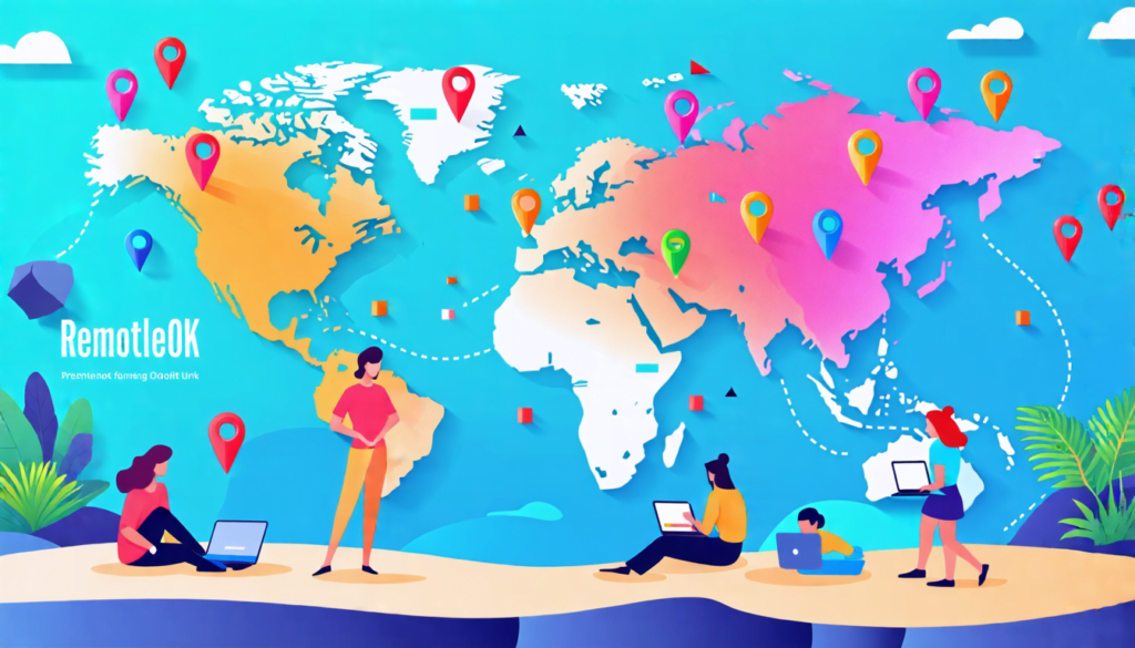 A digital world map with colorful pins scattered across continents, each pin representing a remote job opportunity. In the foreground, a diverse group of p