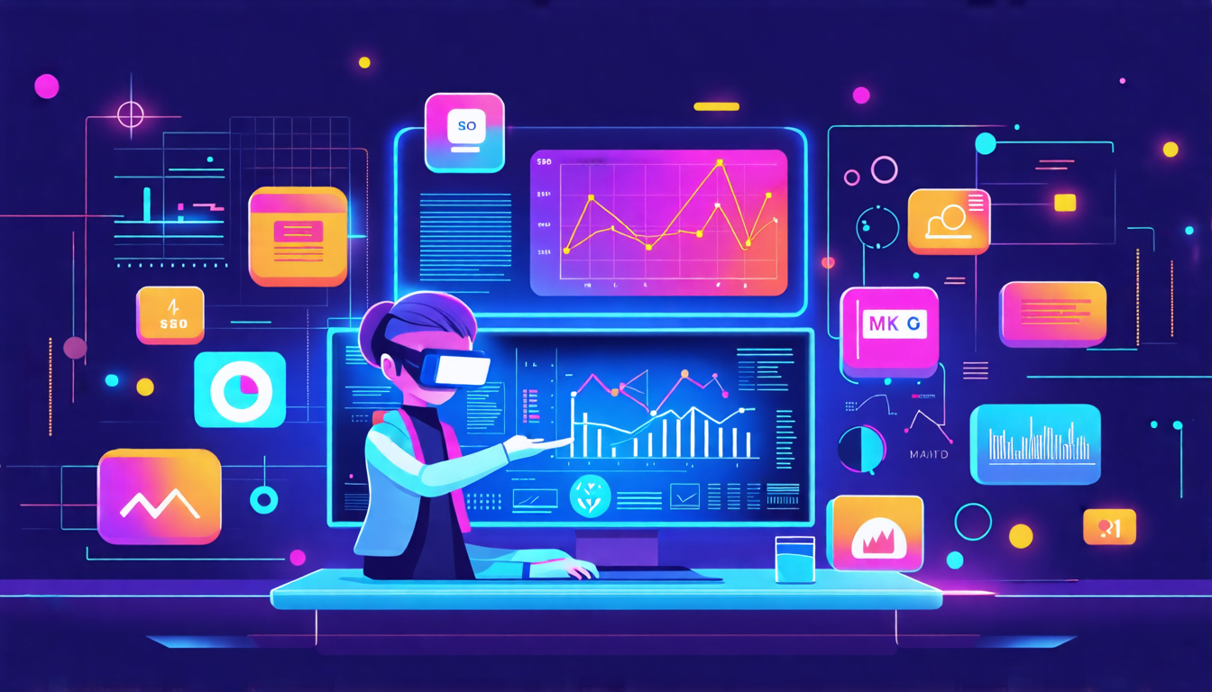 A futuristic digital workspace with holographic screens displaying SEO metrics, keywords, and analytics graphs. A person wearing augmented reality glasses