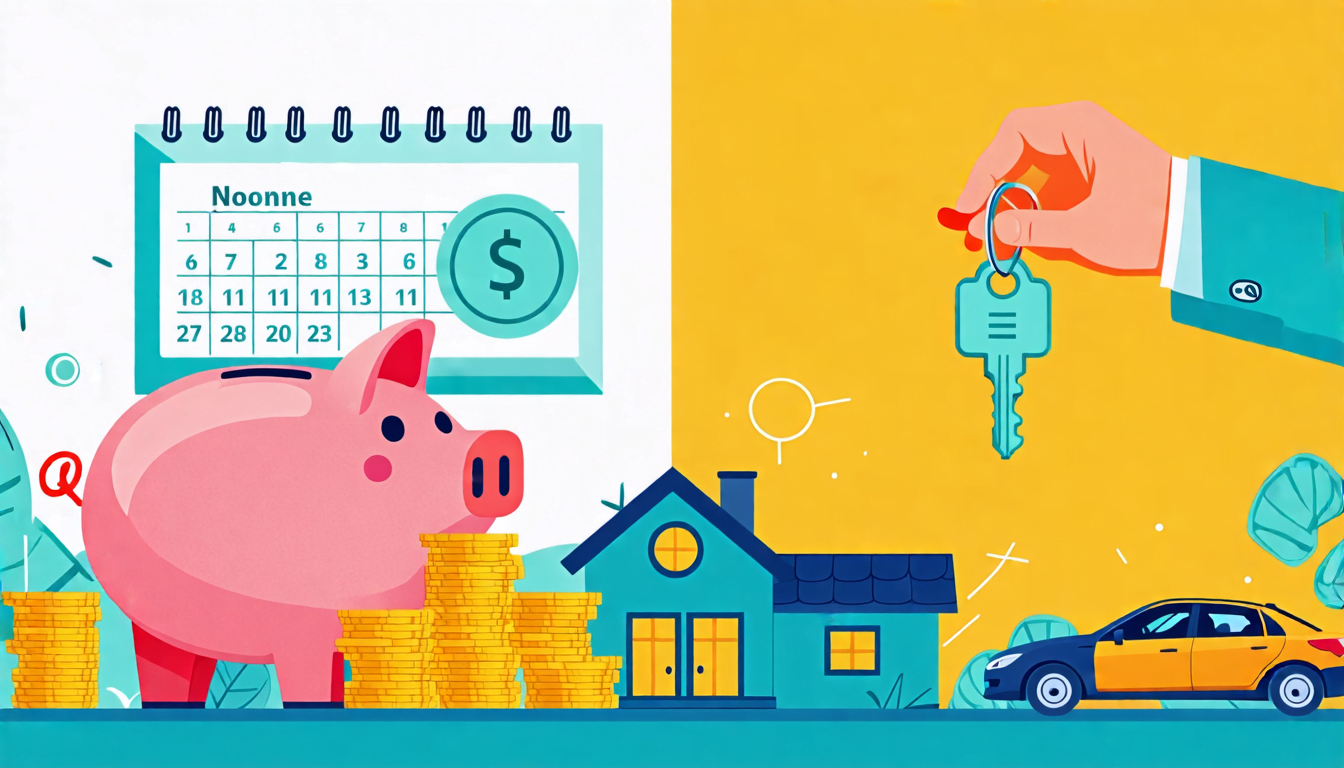A split-screen image: on one side, a piggy bank gradually filling with coins and dollar bills, growing larger over time. On the other side, a person happil