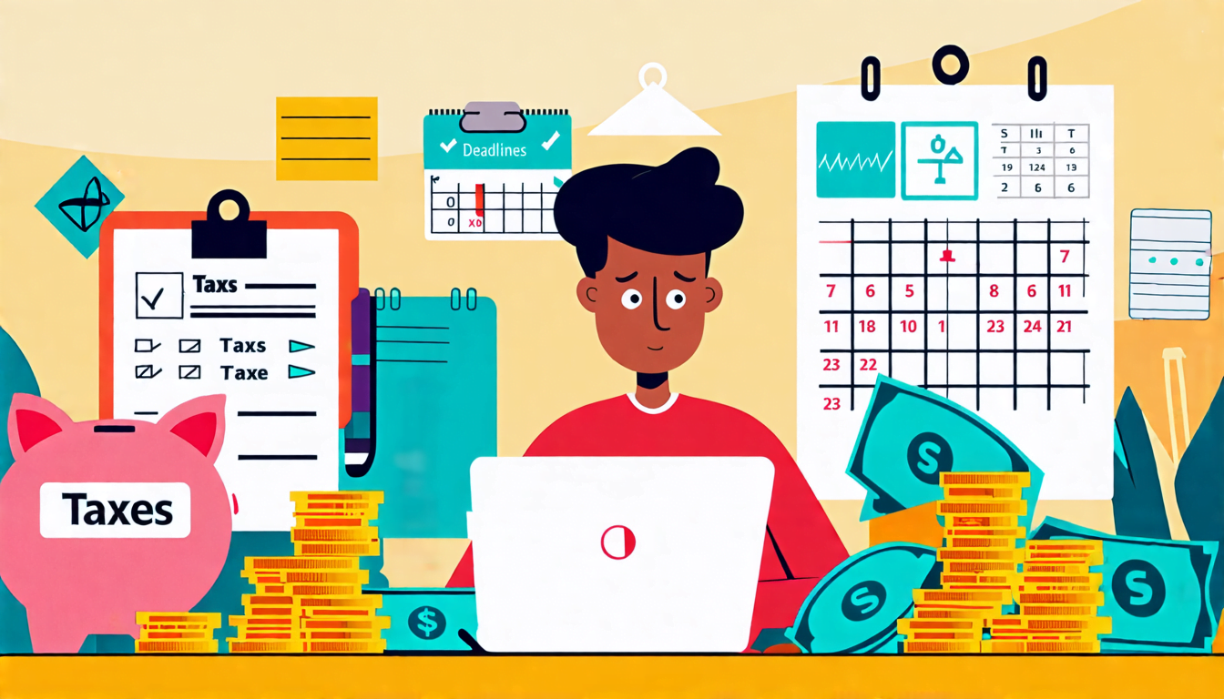 A digital illustration showing a freelancer at a desk with a laptop, surrounded by stacks of coins and paper bills. On one side of the desk is a piggy bank