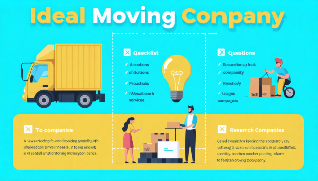 Create a visually engaging infographic illustrating the essential steps for selecting the ideal moving company in 2024. Include elements like: a checklist of questions to ask, tips for researching com
