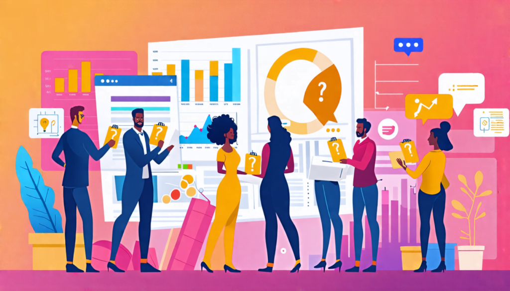 Create an illustration that represents the concept of 'Selling with Confidence' through a diverse group of salespeople engaging in a dynamic conversation with clients. They are holding notepads with g