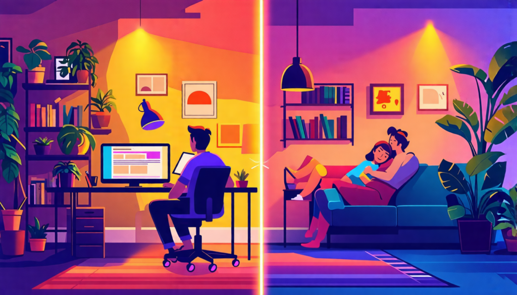 A split screen image: on one side, a serene home office with a person peacefully working at a desk, surrounded by plants and warm lighting. On the other si