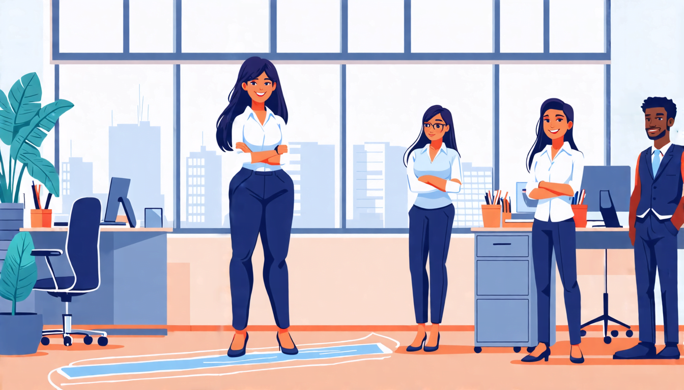 A professional woman standing confidently in an office, drawing a clear line on the floor with chalk. On one side of the line, there's a desk with a comput