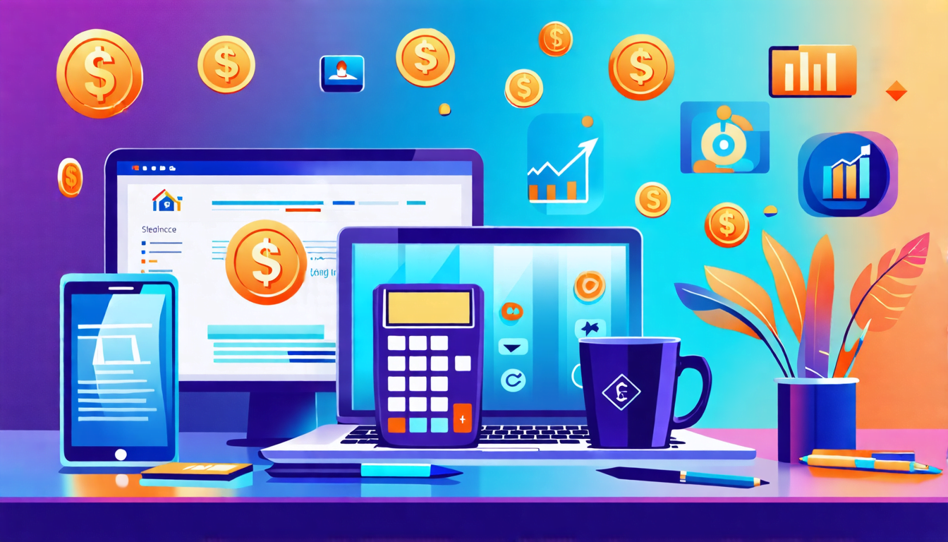 A professional-looking calculator displaying dollar signs on its screen, surrounded by various freelance tools like a laptop, smartphone, and coffee mug. T