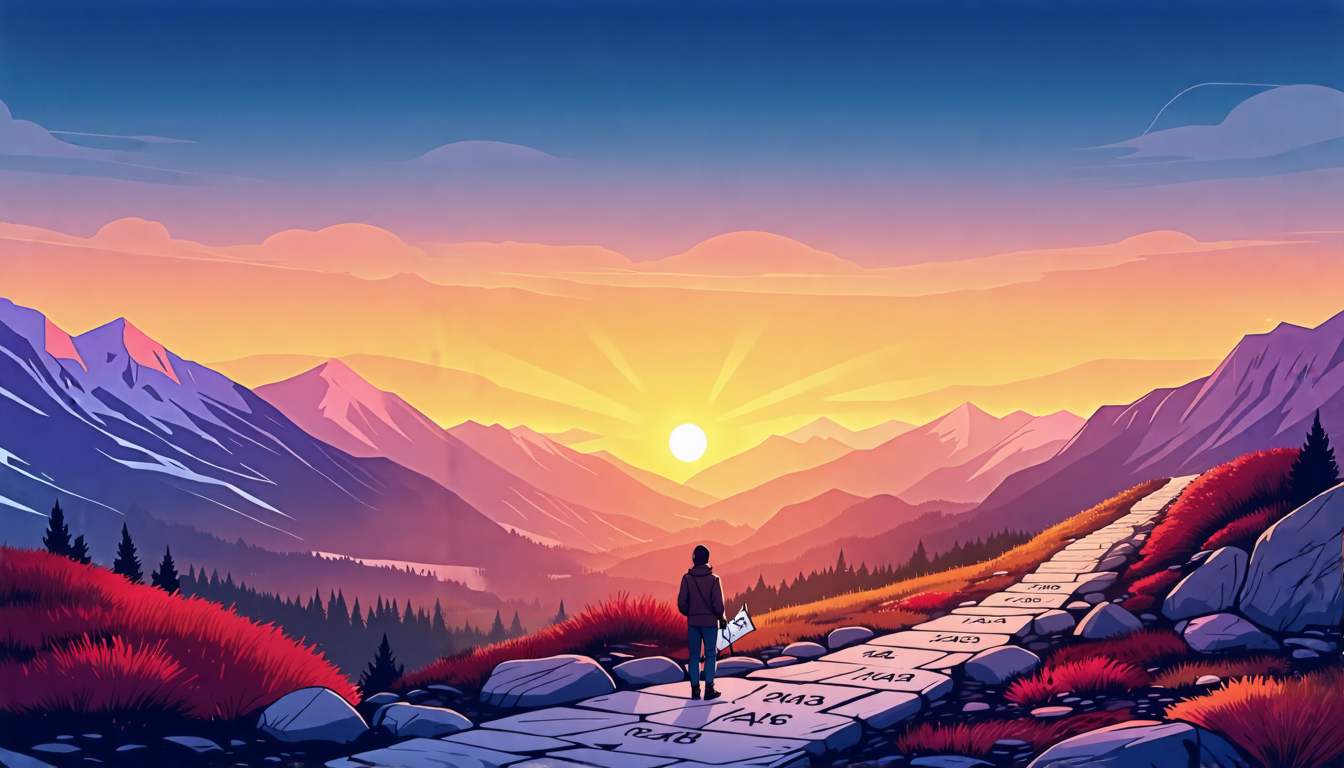 A serene landscape with a winding path leading to distant mountains. Along the path are evenly spaced stone markers, each etched with years or achievements