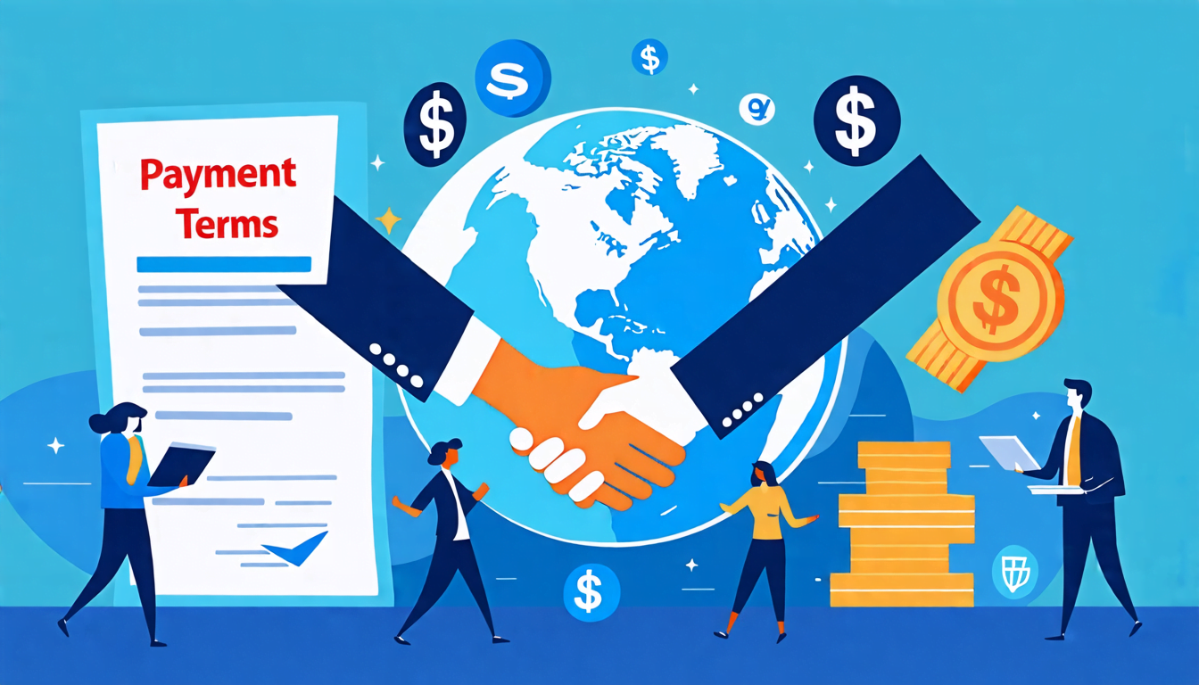 A professional business scene with a globe in the center, surrounded by diverse hands shaking in agreement. Currency symbols from different countries float