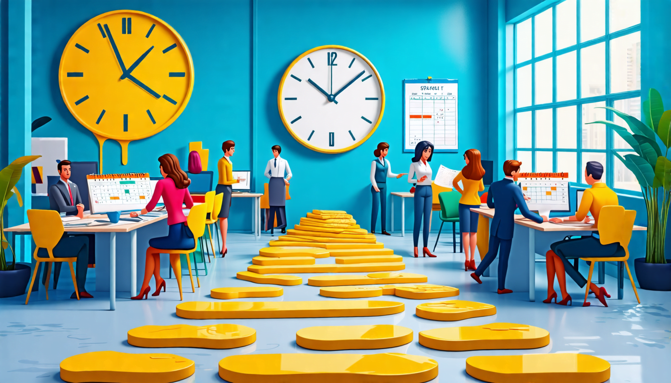 A surreal office scene with a giant, melting clock on the wall. A diverse group of professionals are gathered around a desk, each holding a calendar or pla