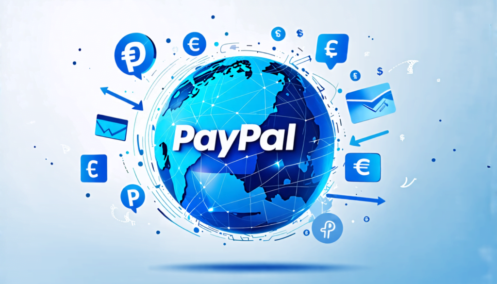 A digital illustration of a globe with PayPal's logo at its center, surrounded by various international currency symbols floating around it. Arrows connect