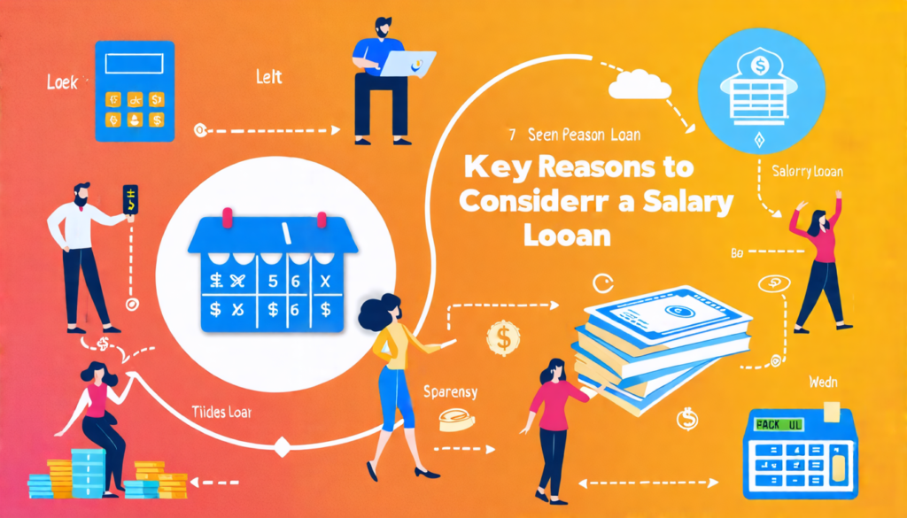 Create an informative and visually engaging infographic depicting the 'Seven Key Reasons to Consider a Salary Loan'. Each reason should be represented with appealing icons and brief text descriptions.