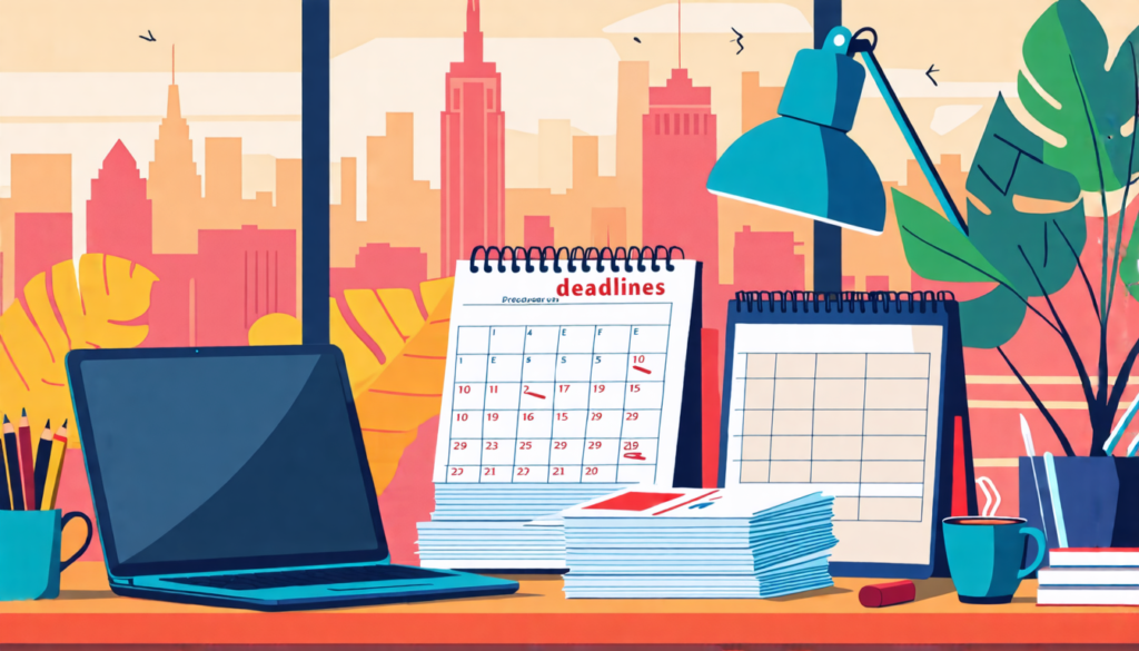An organized freelancer's workspace featuring a desk with a laptop, a stack of neatly filed receipts, and various office supplies. The scene includes a cup of coffee and a calendar with deadlines mark
