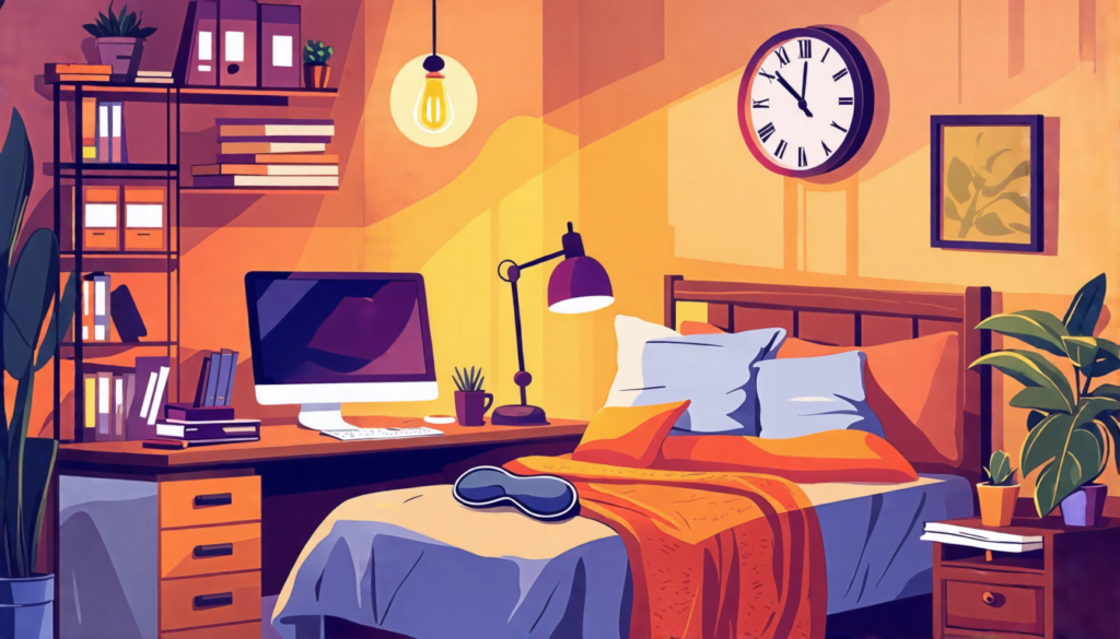 A cozy home office with a desk, computer, and freelance work materials, but the focus is on a comfortable bed in the corner. The bed has inviting pillows a