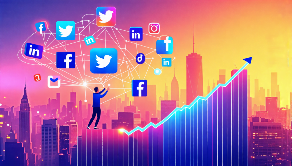 A vibrant, stylized illustration showing a person juggling multiple social media platform logos (like Facebook, Twitter, Instagram, LinkedIn, TikTok) while