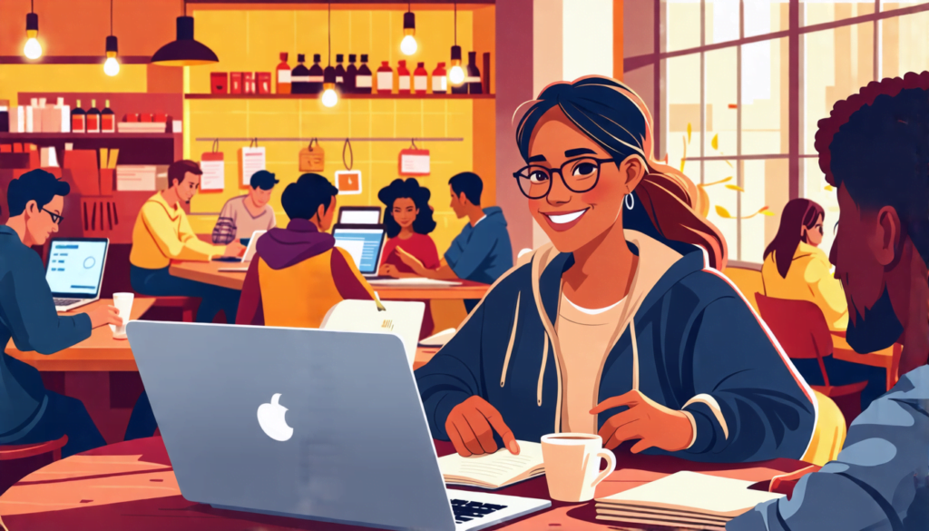 A cozy coffee shop scene with a diverse group of people working on laptops, tablets, and notebooks. In the foreground, a freelancer is smiling and engaged