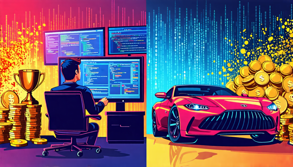 A split-screen image: On one side, a focused programmer surrounded by multiple computer screens with complex code, representing high skill. On the other si
