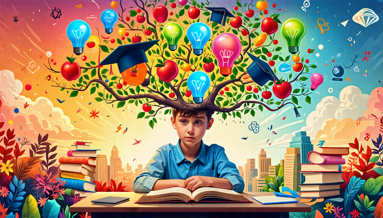 A vibrant, surreal image of a young student sitting at a desk with an open book, surrounded by floating light bulbs of various colors representing ideas. T