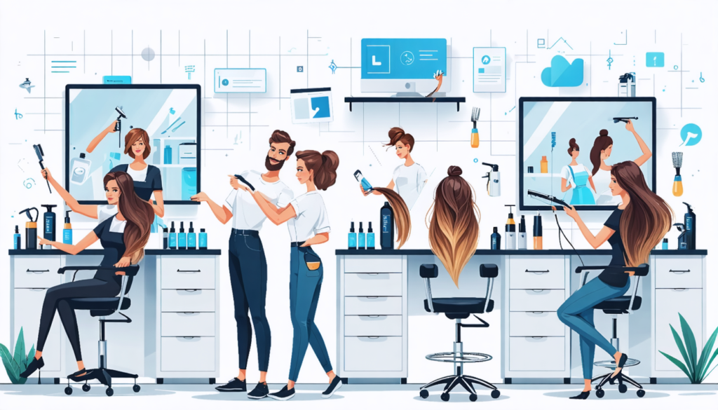 Create an engaging illustration showcasing a modern hair salon bustling with activity in 2024. Include diverse hair stylists skillfully working with clients, utilizing advanced tools and creative hair