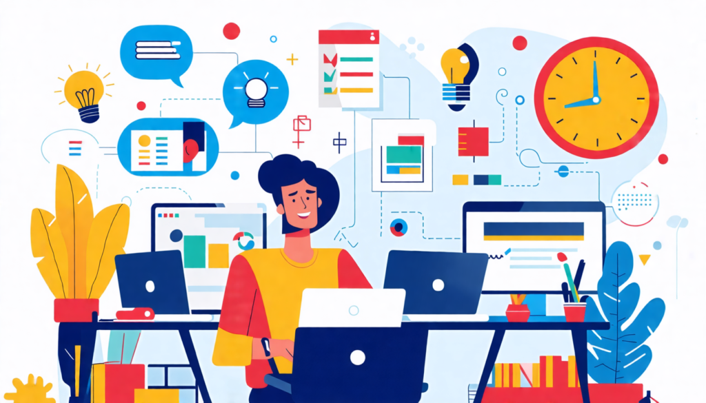 Create an illustration depicting a business owner sitting at a desk, looking relaxed and confident while various freelancers, each representing different skills (like graphic design, writing, and codi