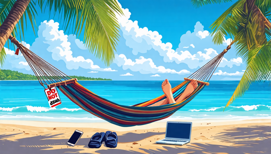 A serene beach scene with a hammock strung between two palm trees, where a laptop and smartphone sit abandoned on the sand nearby. In the foreground, a per