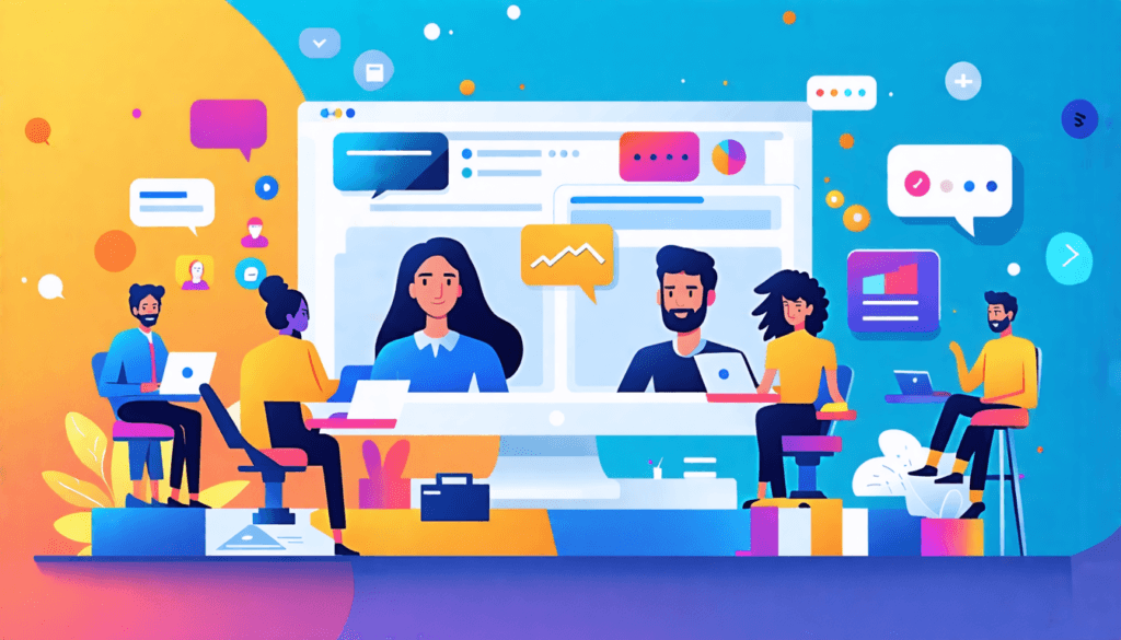An illustration depicting a diverse group of professionals in a vibrant and modern virtual workspace, engaging in video calls and collaborative projects. Include visual elements like floating chat bub