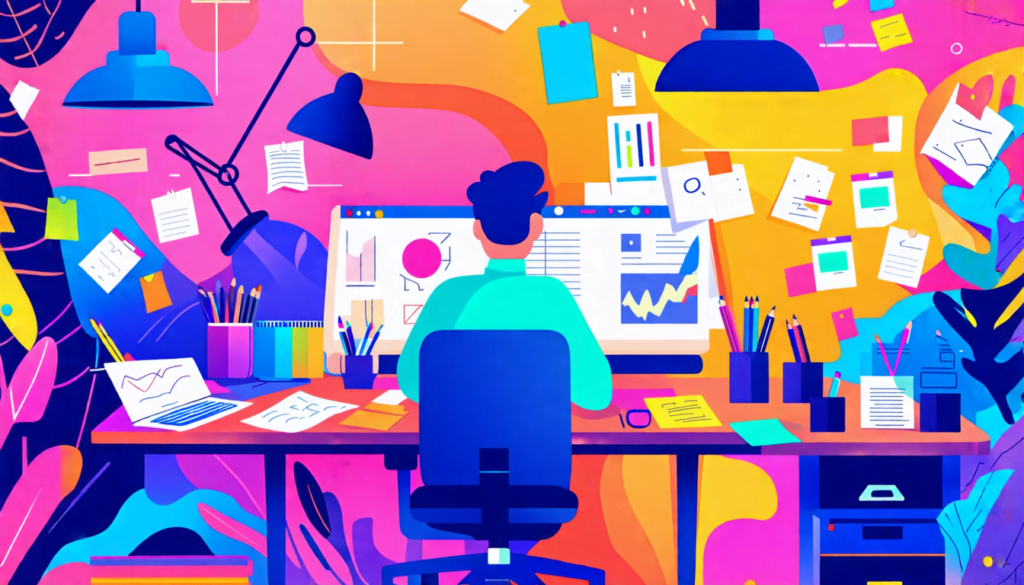 An illustration of a serene workspace filled with vibrant chaos, featuring a mix of organized clutter, colorful notes, and creative tools scattered artistically. There’s a calm figure, sitting comfort