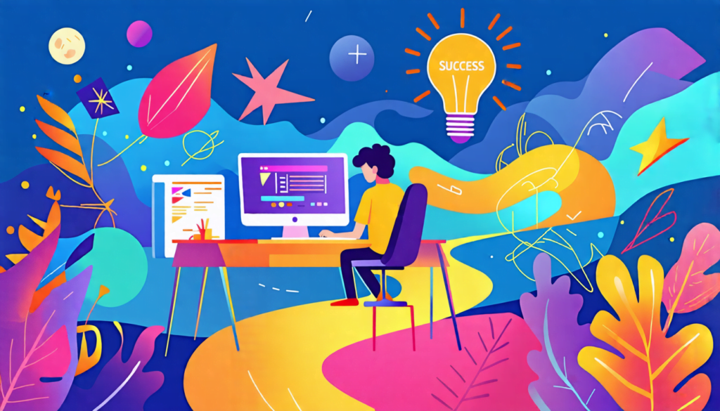 A stylized illustration of a graphic designer working at a desk with a computer, surrounded by colorful design elements floating in the air. The designer l