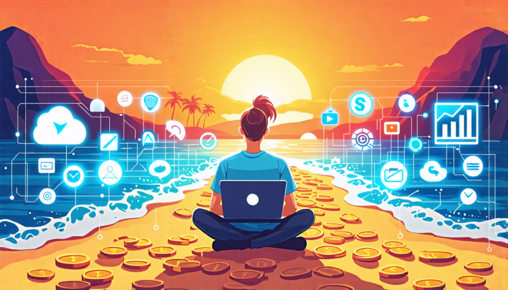 A digital nomad sitting on a beach with a laptop, surrounded by holographic icons representing various digital marketing tools and platforms. The backgroun
