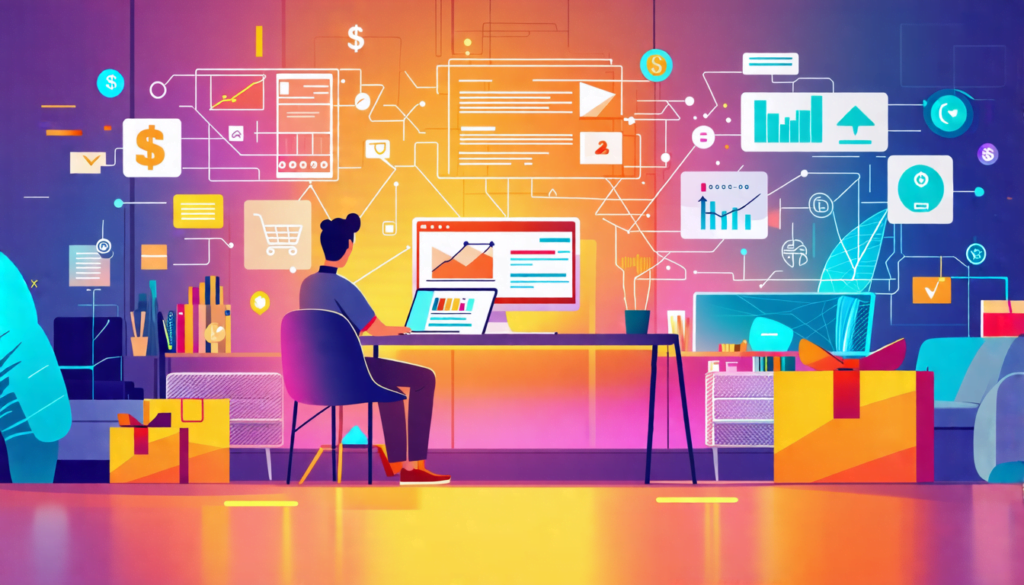 A digital illustration showing a freelancer working on a laptop in a modern home office. The laptop screen displays various e-commerce elements like shoppi