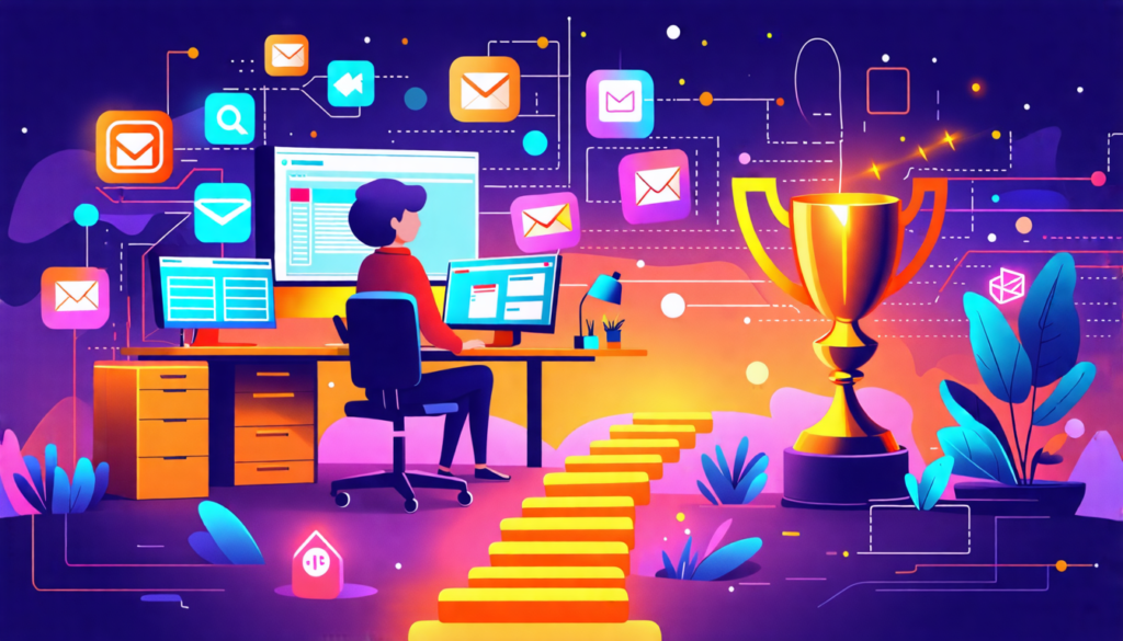 A stylized digital illustration showing a confident freelancer sitting at a desk with multiple computer screens, each displaying different virtual assistan