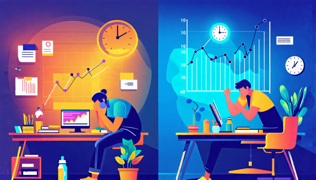 A split-screen image: On the left, a stressed office worker hunched over a cluttered desk with a clock showing late hours. On the right, the same worker lo