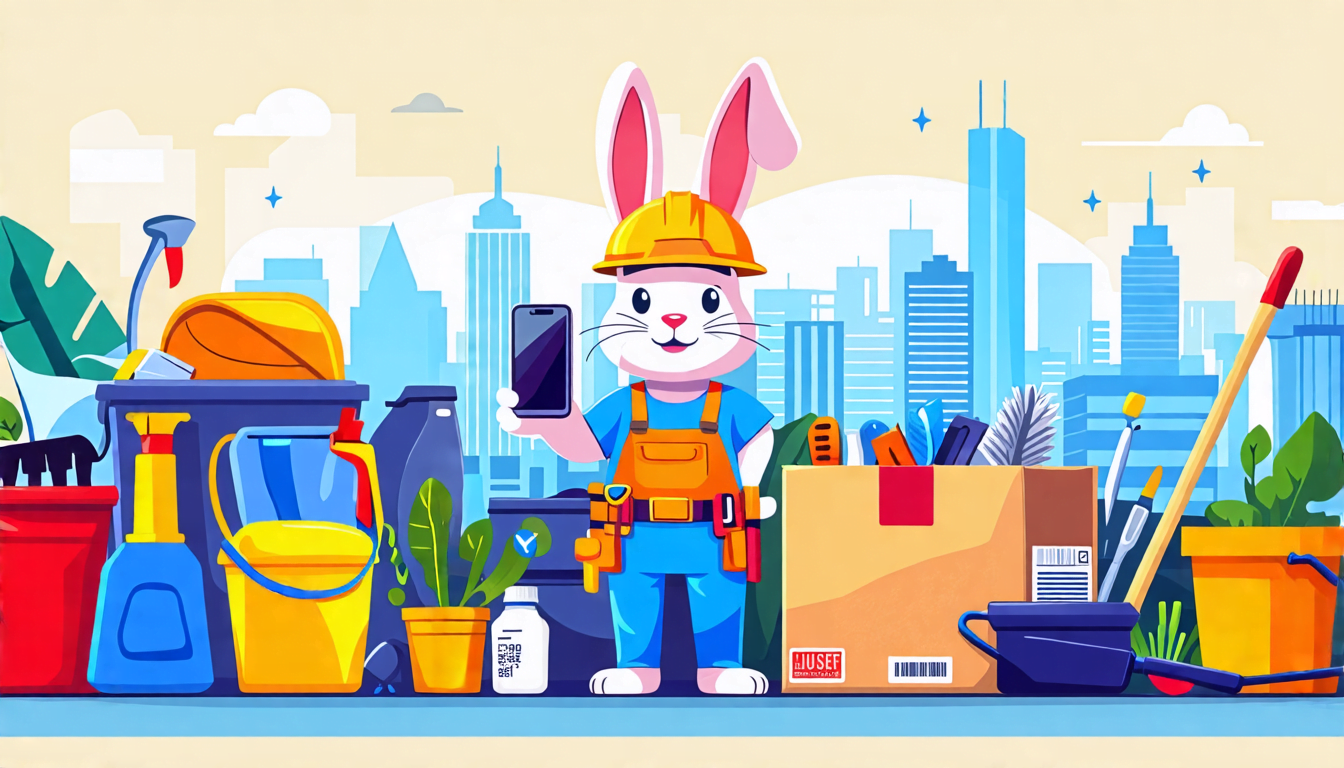 A colorful cartoon rabbit wearing a tool belt and hard hat, standing in front of a diverse array of household tasks and odd jobs. The rabbit is holding a s