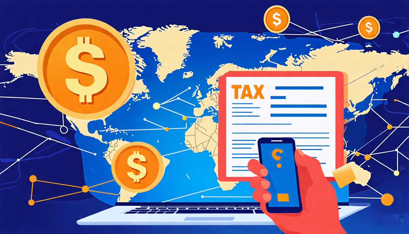 A global scene with currency symbols from different countries floating above a laptop displaying a tax form. In the foreground, a person looks worried whil