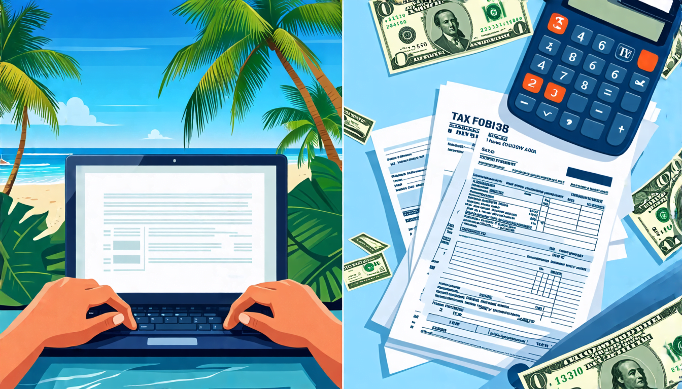 A split-screen image: on one side, a person working on a laptop at a tropical beach with palm trees and clear blue water; on the other side, a closeup of t