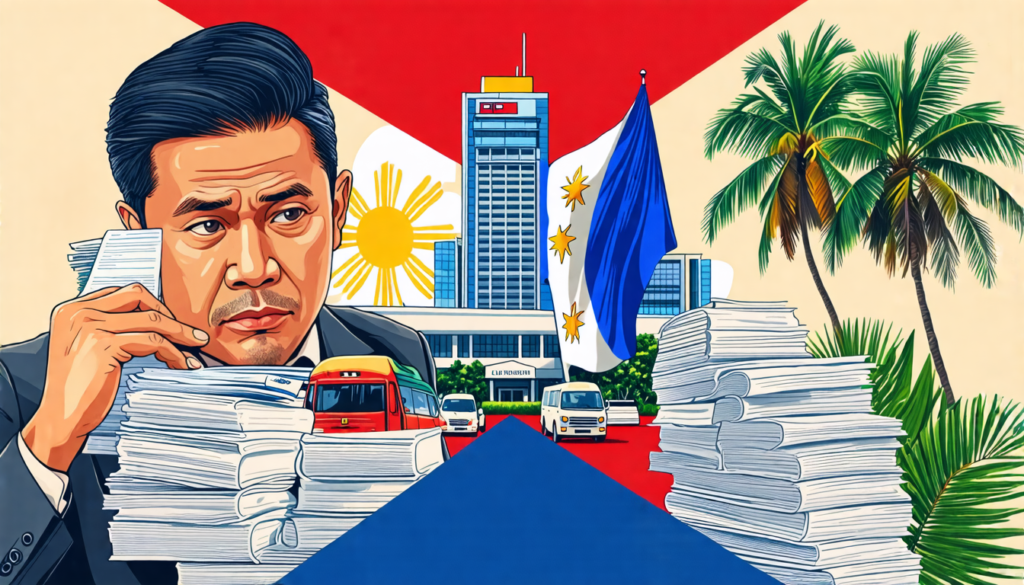 A split-screen image: on one side, a Filipino businessman looking stressed while surrounded by stacks of tax forms and legal documents; on the other side,